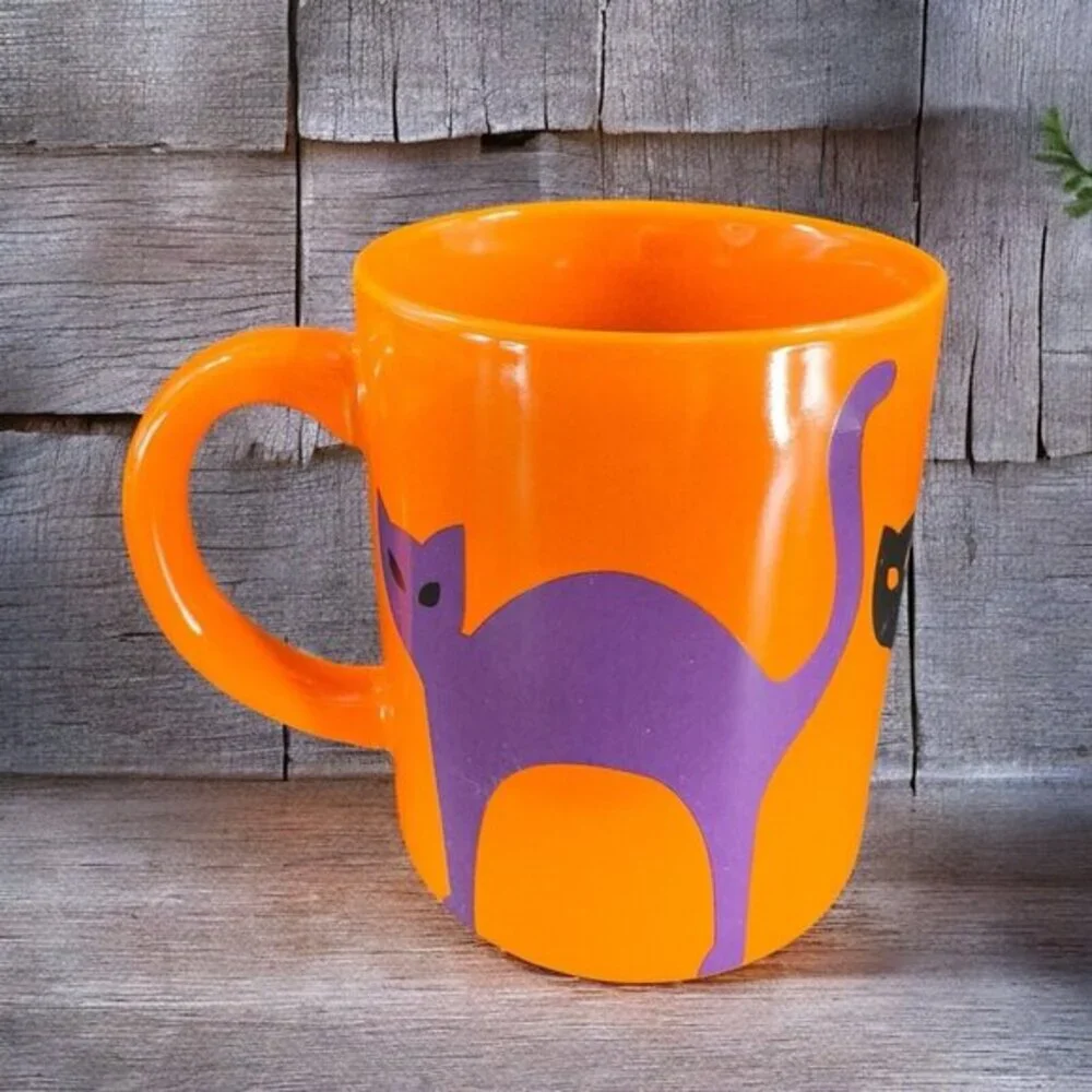 Crate & Barrel Orange Coffee Mug Cup Purple Black Halloween Cats Ceramic Set‎ 2